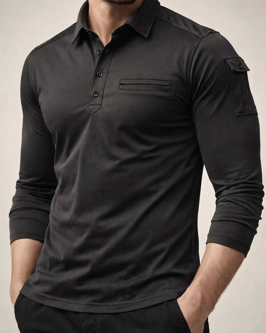 Spring and Autumn Long-sleeved Men's Solid Color POLO Shirt Arm Pockets Epaulettes Casual Sports | JRSEE:168ea6d9-5777-4764-a390-8fe5c5a61b48