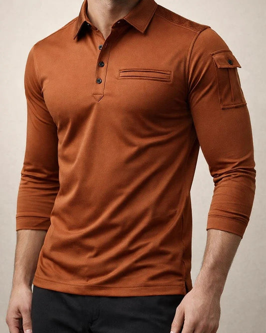 Spring and Autumn Long-sleeved Men's Solid Color POLO Shirt Arm Pockets Epaulettes Casual Sports | JRSEE:dc570059-8e16-4538-ab93-a3b99f2e3fb5