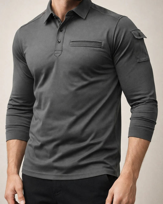 Spring and Autumn Long-sleeved Men's Solid Color POLO Shirt Arm Pockets Epaulettes Casual Sports | JRSEE:fda7f99a-a97d-4b45-8e50-29c1f6c92cea