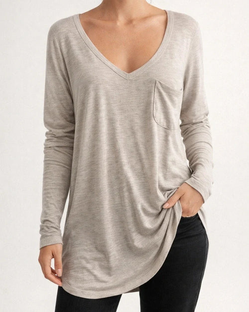 Spring and Autumn Sexy V-neck Loose Pocket Long Sleeve Bottomed T-shirt | JRSEE:787253a6-0bc5-47bb-89fd-06c51665e974