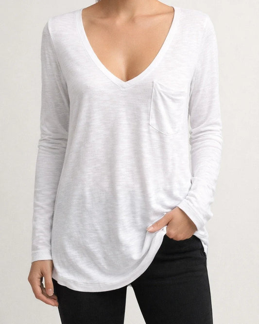 Spring and Autumn Sexy V-neck Loose Pocket Long Sleeve Bottomed T-shirt | JRSEE:446c71d6-08d1-4110-8176-2e2e022270d9