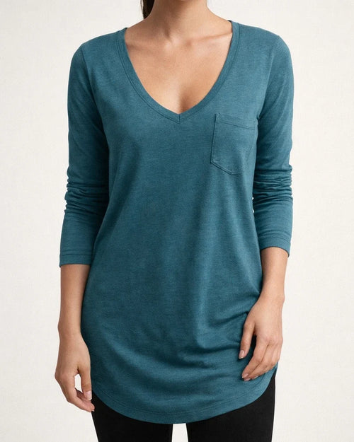 Spring and Autumn Sexy V-neck Loose Pocket Long Sleeve Bottomed T-shirt | JRSEE:6e811d3a-a2ab-4a04-9898-2fa55e99b7ed
