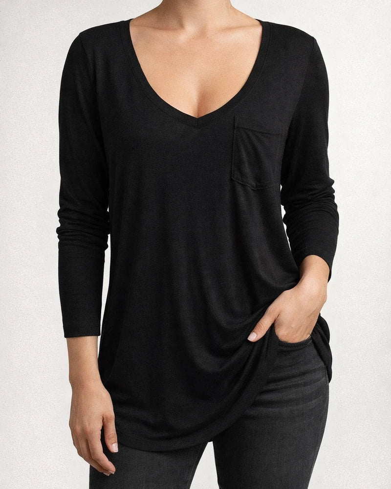Spring and Autumn Sexy V-neck Loose Pocket Long Sleeve Bottomed T-shirt | JRSEE:ef02e13a-9c17-466a-86ed-d7ac4faa9100