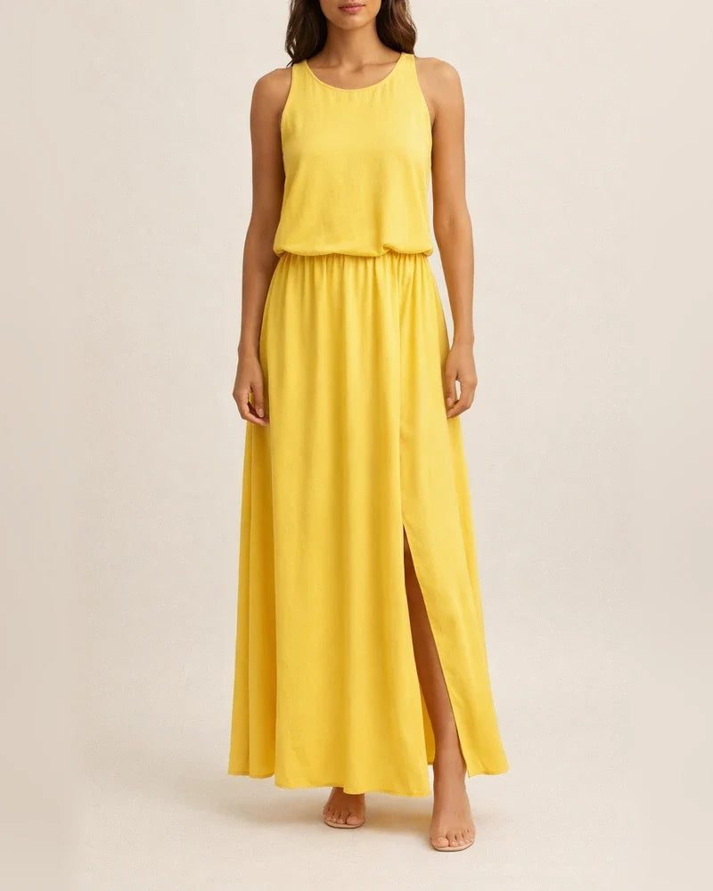 Spring and Summer New European Women's Round Neck Sleeveless Dress Open Solid Color Casual Commuter Long Dress | JRSEE:5418f740-38af-4828-bd82-e6cfd4d65688