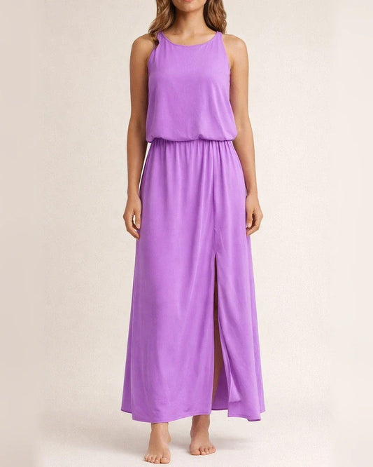 Spring and Summer New European Women's Round Neck Sleeveless Dress Open Solid Color Casual Commuter Long Dress | JRSEE:3d802268-37fe-4857-b7dc-97392ee0f743