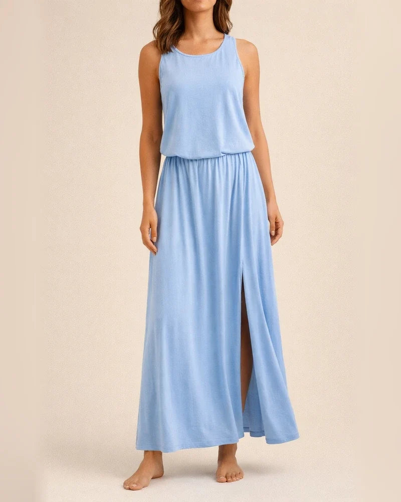 Spring and Summer New European Women's Round Neck Sleeveless Dress Open Solid Color Casual Commuter Long Dress | JRSEE:d48edec1-36fe-45ac-8d92-7f5c8acf31fd