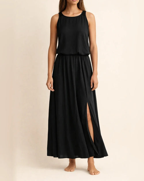 Spring and Summer New European Women's Round Neck Sleeveless Dress Open Solid Color Casual Commuter Long Dress | JRSEE:0df42ccb-e2df-46d8-bf7a-3a022dba69c8