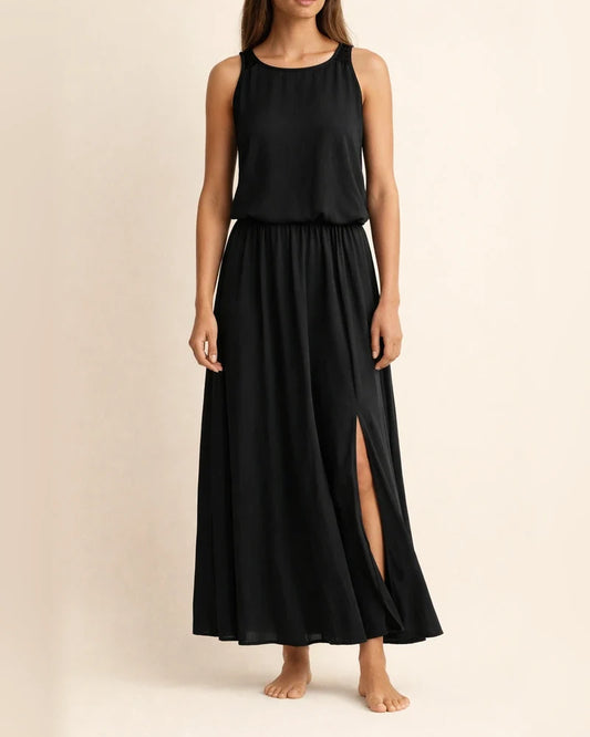 Spring and Summer New European Women's Round Neck Sleeveless Dress Open Solid Color Casual Commuter Long Dress | JRSEE:0df42ccb-e2df-46d8-bf7a-3a022dba69c8