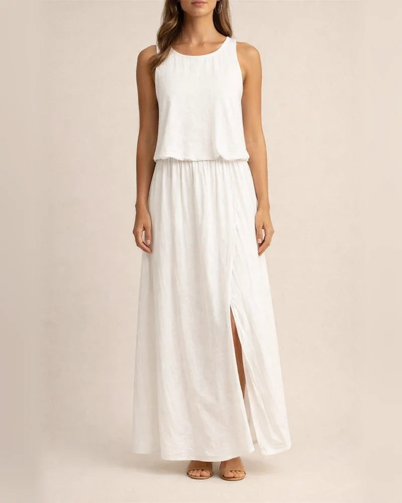 Spring and Summer New European Women's Round Neck Sleeveless Dress Open Solid Color Casual Commuter Long Dress | JRSEE:12ec3601-122a-4638-8095-2c2edd65df1f