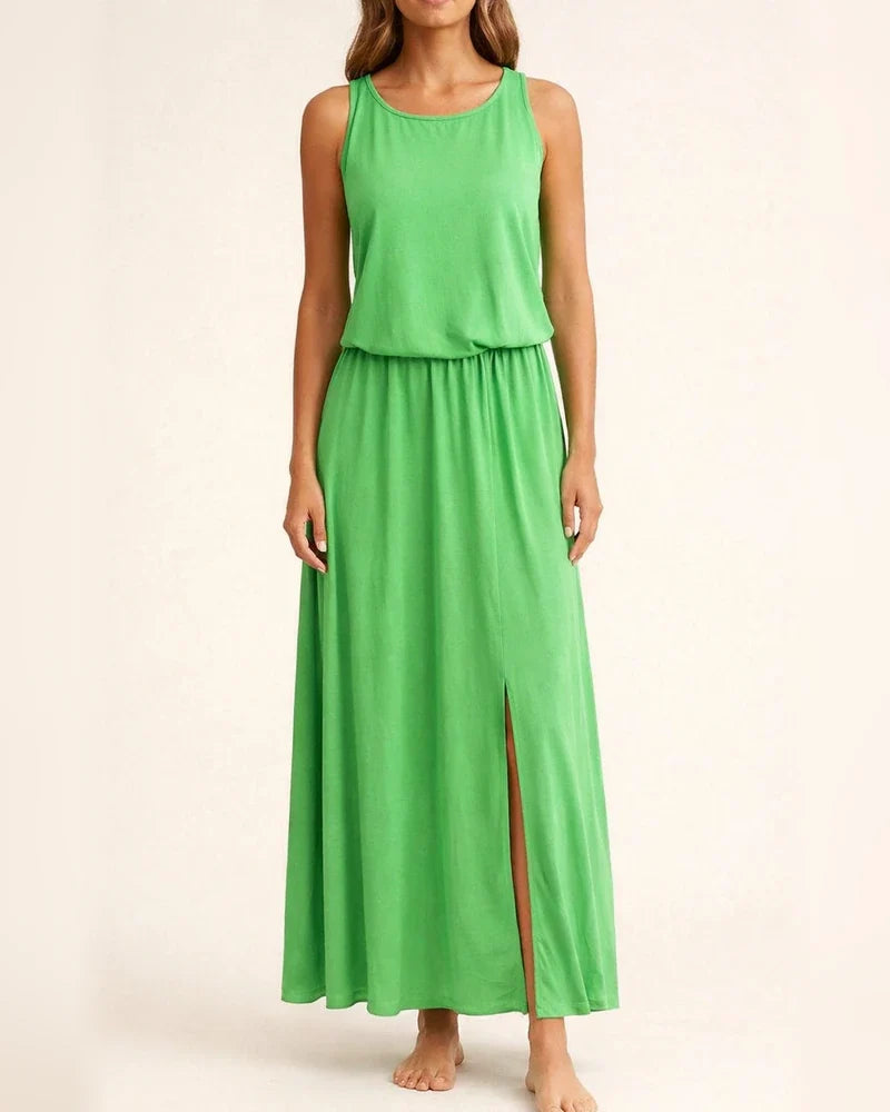Spring and Summer New European Women's Round Neck Sleeveless Dress Open Solid Color Casual Commuter Long Dress | JRSEE:50456e00-2455-4329-9678-b37441e19ce4
