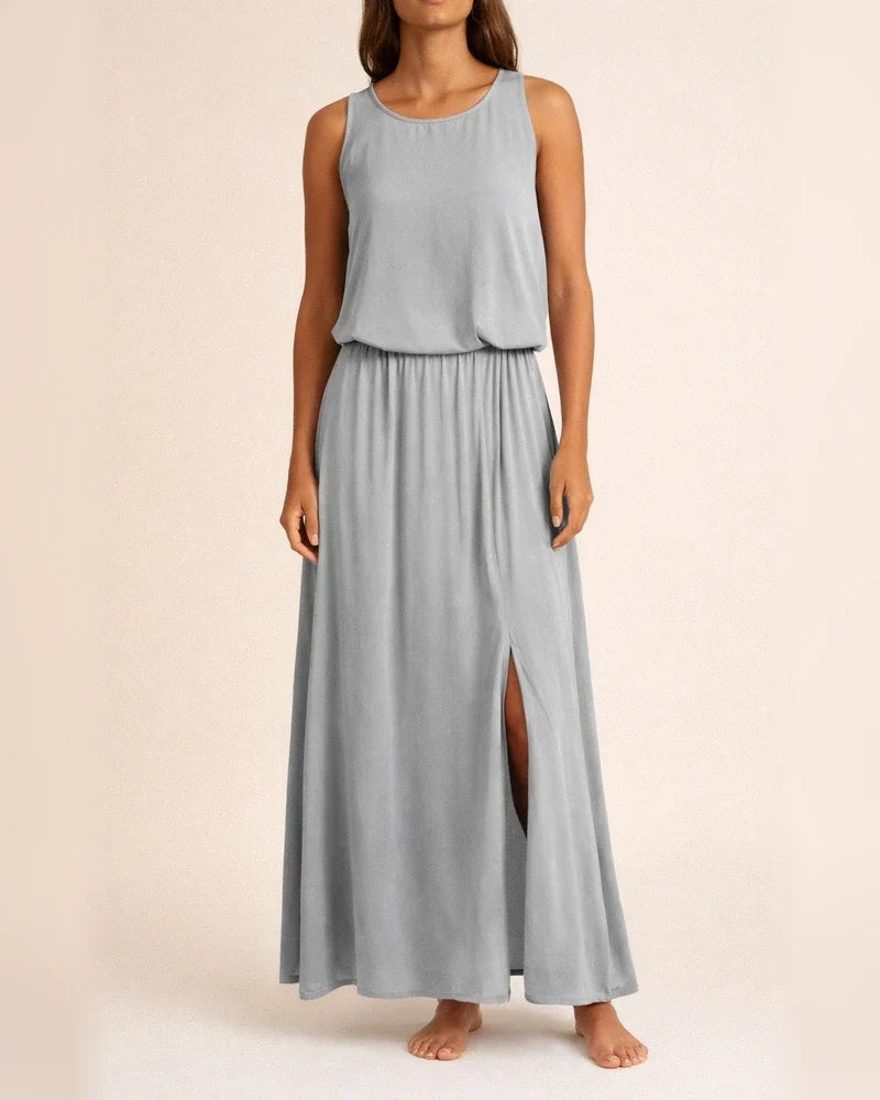 Spring and Summer New European Women's Round Neck Sleeveless Dress Open Solid Color Casual Commuter Long Dress | JRSEE:91a2c5e1-9683-41da-876d-243e591a5e11