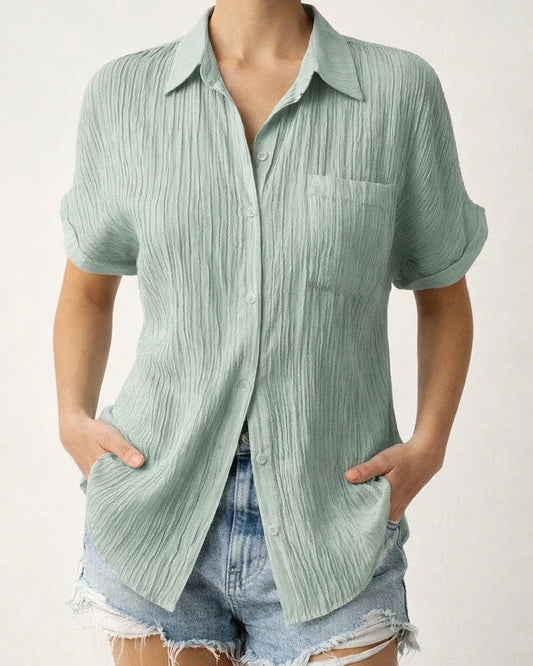 Spring and Summer New Explosive Tops Cotton Linen Pocket Stand-up Collar Cardigan with Short-sleeved Loose Type Shirt T-shirt Women | JRSEE:34bcc024-3bde-41bb-b005-bee92e662184