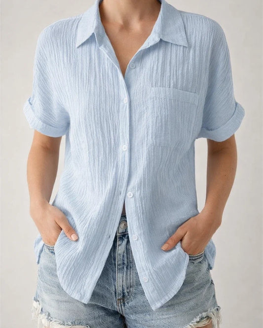 Spring and Summer New Explosive Tops Cotton Linen Pocket Stand-up Collar Cardigan with Short-sleeved Loose Type Shirt T-shirt Women | JRSEE:bf13edb1-742a-43d8-b826-c2f4d49f4014