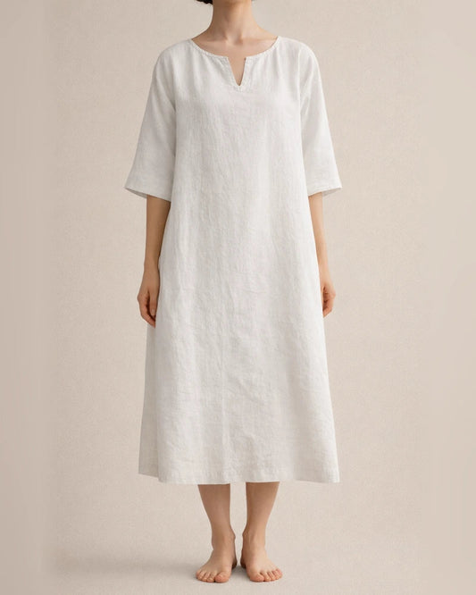 Spring and Summer New Solid Color V-neck Cotton Linen Casual Shoulder Insert Medium-sleeved Temperament Elegant A-line Dresses Women | JRSEE:f31187fd-8fb5-4d48-9fad-3c1640ecd412