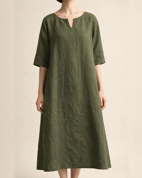 Spring and Summer New Solid Color V-neck Cotton Linen Casual Shoulder Insert Medium-sleeved Temperament Elegant A-line Dresses Women | JRSEE:caab407f-1d4e-4d47-a4df-9cc973f1d833