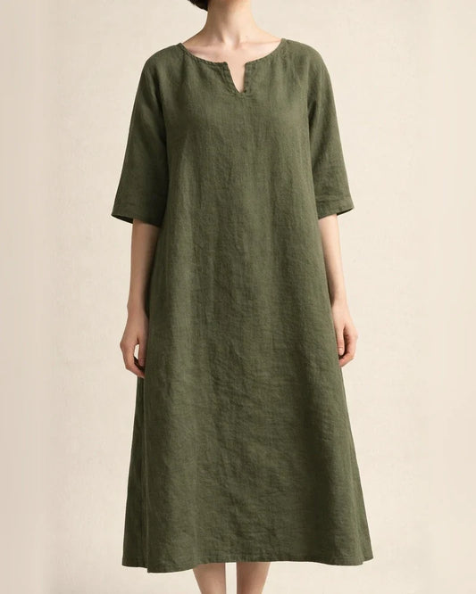 Spring and Summer New Solid Color V-neck Cotton Linen Casual Shoulder Insert Medium-sleeved Temperament Elegant A-line Dresses Women | JRSEE:caab407f-1d4e-4d47-a4df-9cc973f1d833