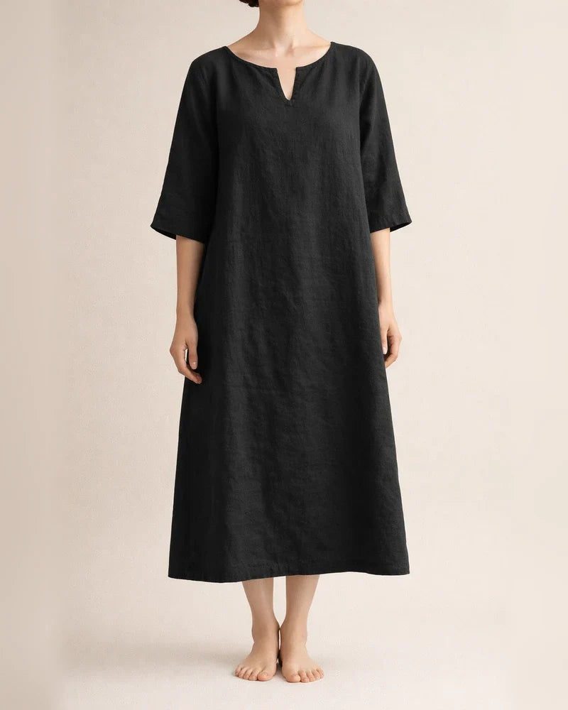 Spring and Summer New Solid Color V-neck Cotton Linen Casual Shoulder Insert Medium-sleeved Temperament Elegant A-line Dresses Women | JRSEE:26ec1bda-5f2d-4d88-8593-e6bf5c386aec