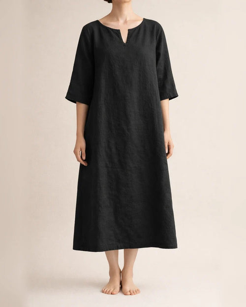 Spring and Summer New Solid Color V-neck Cotton Linen Casual Shoulder Insert Medium-sleeved Temperament Elegant A-line Dresses Women | JRSEE:26ec1bda-5f2d-4d88-8593-e6bf5c386aec