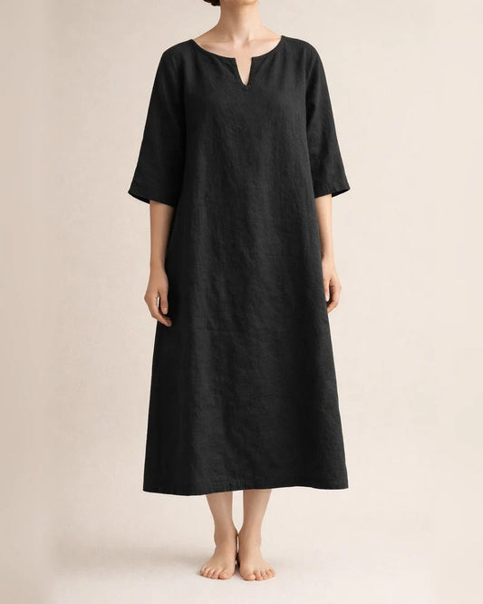 Spring and Summer New Solid Color V-neck Cotton Linen Casual Shoulder Insert Medium-sleeved Temperament Elegant A-line Dresses Women | JRSEE:26ec1bda-5f2d-4d88-8593-e6bf5c386aec