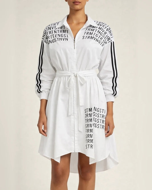 Spring and Summer New Women's Fashion Letters Printed Lapel Cardigan Waist Shirt Straps Zipper In The Long Paragraph Long-sleeved Shirt Dress | JRSEE:322cbf78-c211-4c0f-97e1-3e3ffcd3faf3