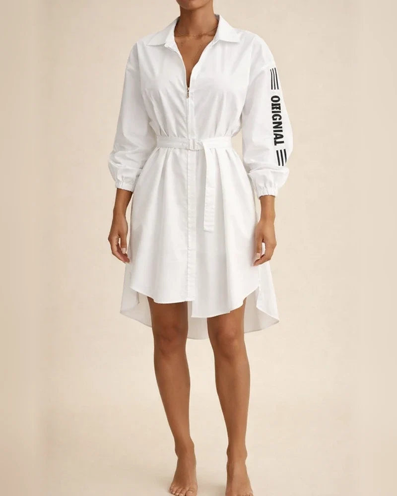 Spring and Summer New Women's Fashion Letters Printed Lapel Cardigan Waist Shirt Straps Zipper In The Long Paragraph Long-sleeved Shirt Dress | JRSEE:8875530d-ded7-41ef-a004-44941837bf75