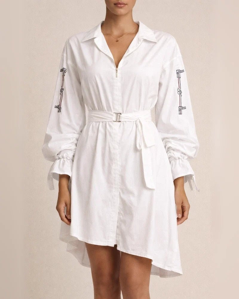 Spring and Summer New Women's Fashion Letters Printed Lapel Cardigan Waist Shirt Straps Zipper In The Long Paragraph Long-sleeved Shirt Dress | JRSEE:b8745395-30c8-4480-ab24-73bd08da021a