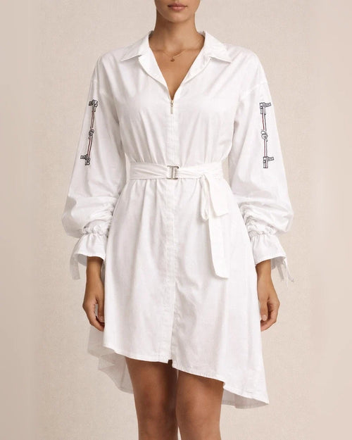 Spring and Summer New Women's Fashion Letters Printed Lapel Cardigan Waist Shirt Straps Zipper In The Long Paragraph Long-sleeved Shirt Dress | JRSEE:b8745395-30c8-4480-ab24-73bd08da021a