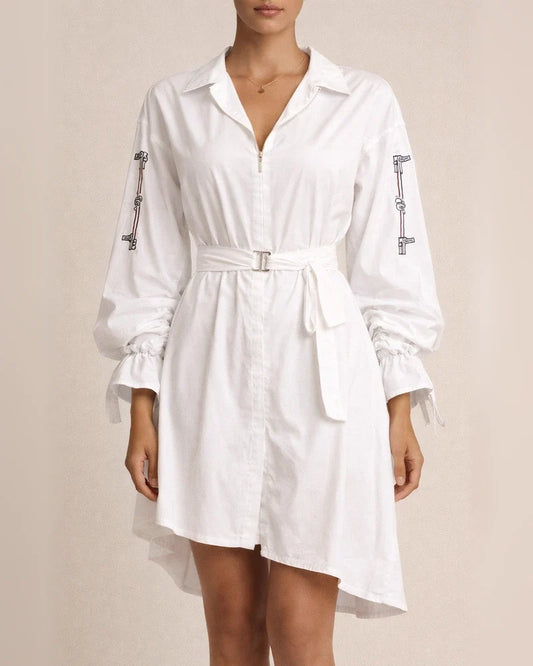 Spring and Summer New Women's Fashion Letters Printed Lapel Cardigan Waist Shirt Straps Zipper In The Long Paragraph Long-sleeved Shirt Dress | JRSEE:b8745395-30c8-4480-ab24-73bd08da021a