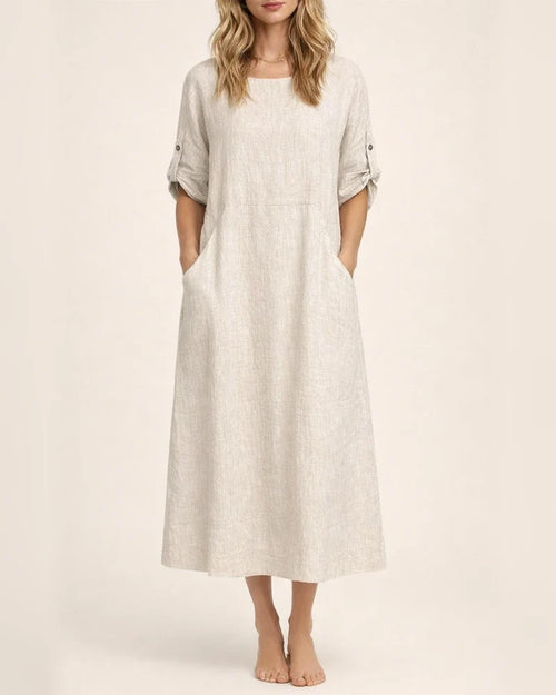 Spring and Summer Women's Cotton and Linen Solid Color Casual Round Neck Double Side Pockets Long Dresses | JRSEE:7c0ea301-cc24-45ba-9d81-f6655102f391