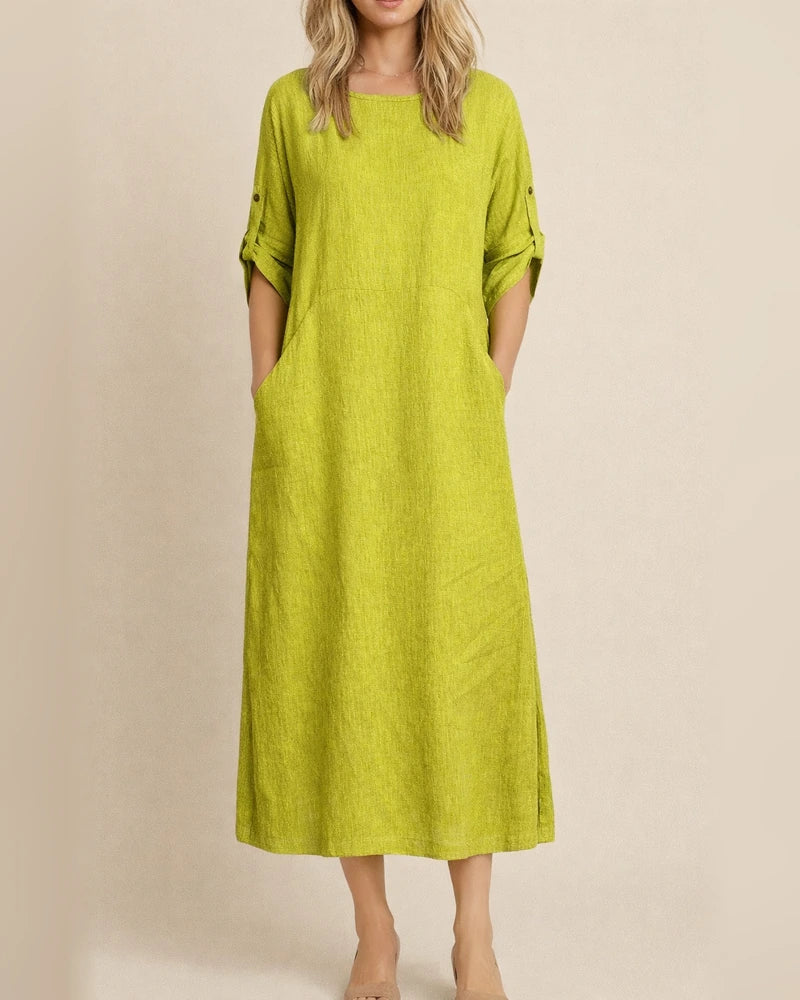 Spring and Summer Women's Cotton and Linen Solid Color Casual Round Neck Double Side Pockets Long Dresses | JRSEE:2930c681-ee31-46df-b427-d16c79e3eeff