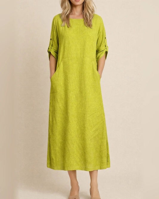 Spring and Summer Women's Cotton and Linen Solid Color Casual Round Neck Double Side Pockets Long Dresses | JRSEE:2930c681-ee31-46df-b427-d16c79e3eeff
