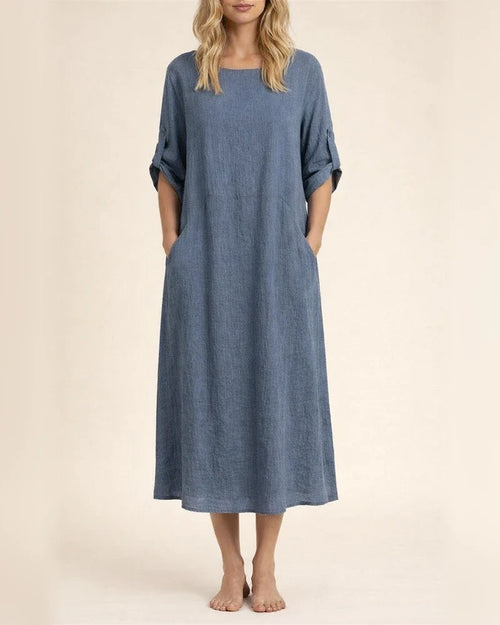 Spring and Summer Women's Cotton and Linen Solid Color Casual Round Neck Double Side Pockets Long Dresses | JRSEE:24f1761a-8cf7-4fb2-bd2d-f178e92b727f
