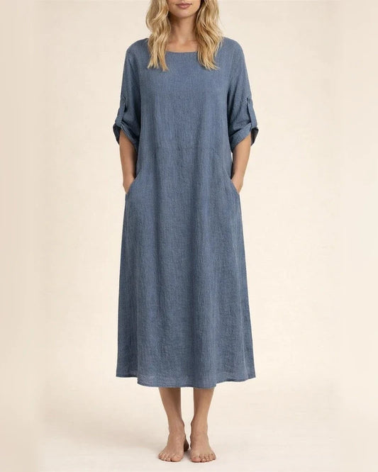 Spring and Summer Women's Cotton and Linen Solid Color Casual Round Neck Double Side Pockets Long Dresses | JRSEE:24f1761a-8cf7-4fb2-bd2d-f178e92b727f