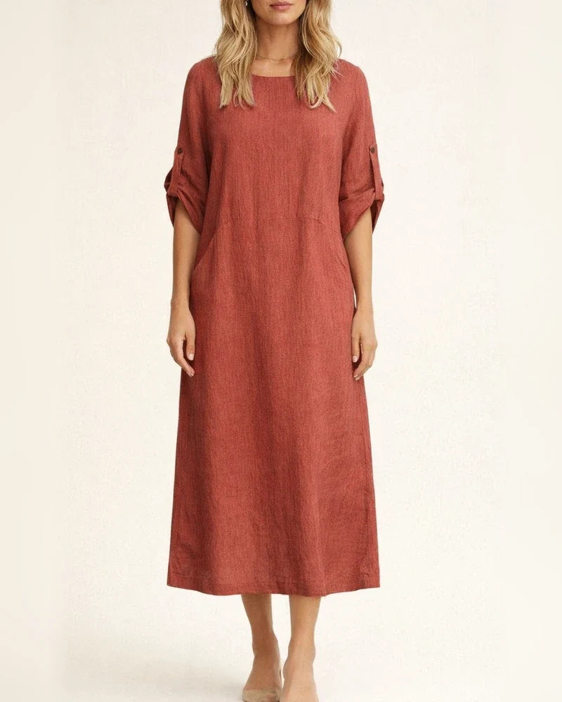 Spring and Summer Women's Cotton and Linen Solid Color Casual Round Neck Double Side Pockets Long Dresses | JRSEE:2fe65353-34ff-43bf-8887-4353120fa812