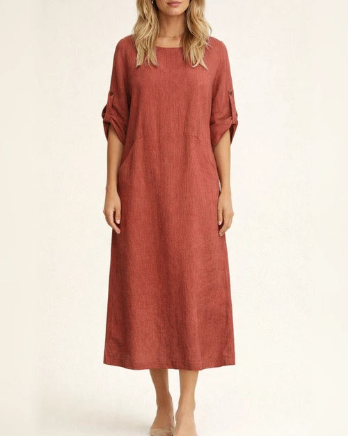 Spring and Summer Women's Cotton and Linen Solid Color Casual Round Neck Double Side Pockets Long Dresses | JRSEE:2fe65353-34ff-43bf-8887-4353120fa812