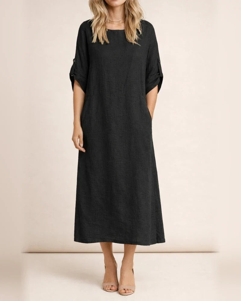 Spring and Summer Women's Cotton and Linen Solid Color Casual Round Neck Double Side Pockets Long Dresses | JRSEE:a282935b-b583-4091-99c7-46713be621a2