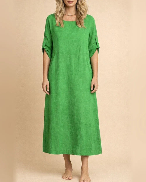 Spring and Summer Women's Cotton and Linen Solid Color Casual Round Neck Double Side Pockets Long Dresses | JRSEE:3bdd2311-258e-4b85-99c2-b6159b9d225a