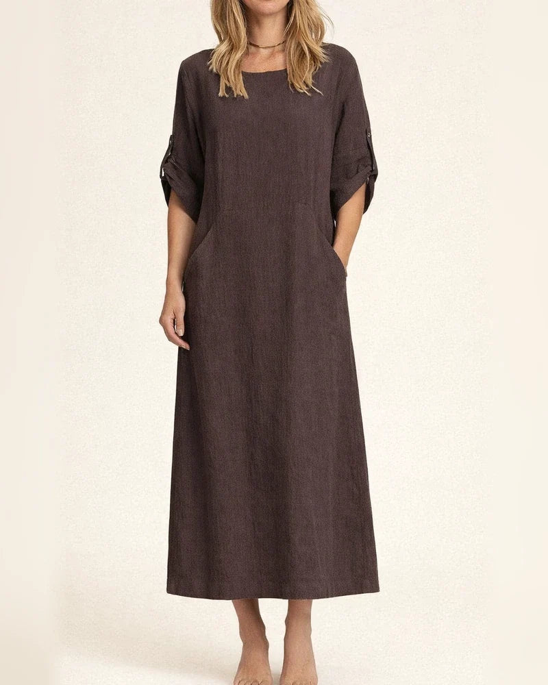 Spring and Summer Women's Cotton and Linen Solid Color Casual Round Neck Double Side Pockets Long Dresses | JRSEE:d7673fec-4e78-4cc9-9d07-df50822a6755