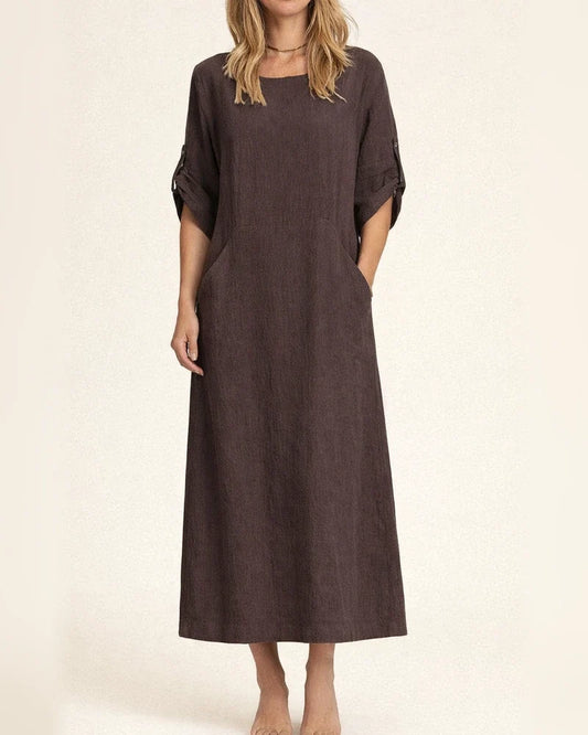 Spring and Summer Women's Cotton and Linen Solid Color Casual Round Neck Double Side Pockets Long Dresses | JRSEE:d7673fec-4e78-4cc9-9d07-df50822a6755