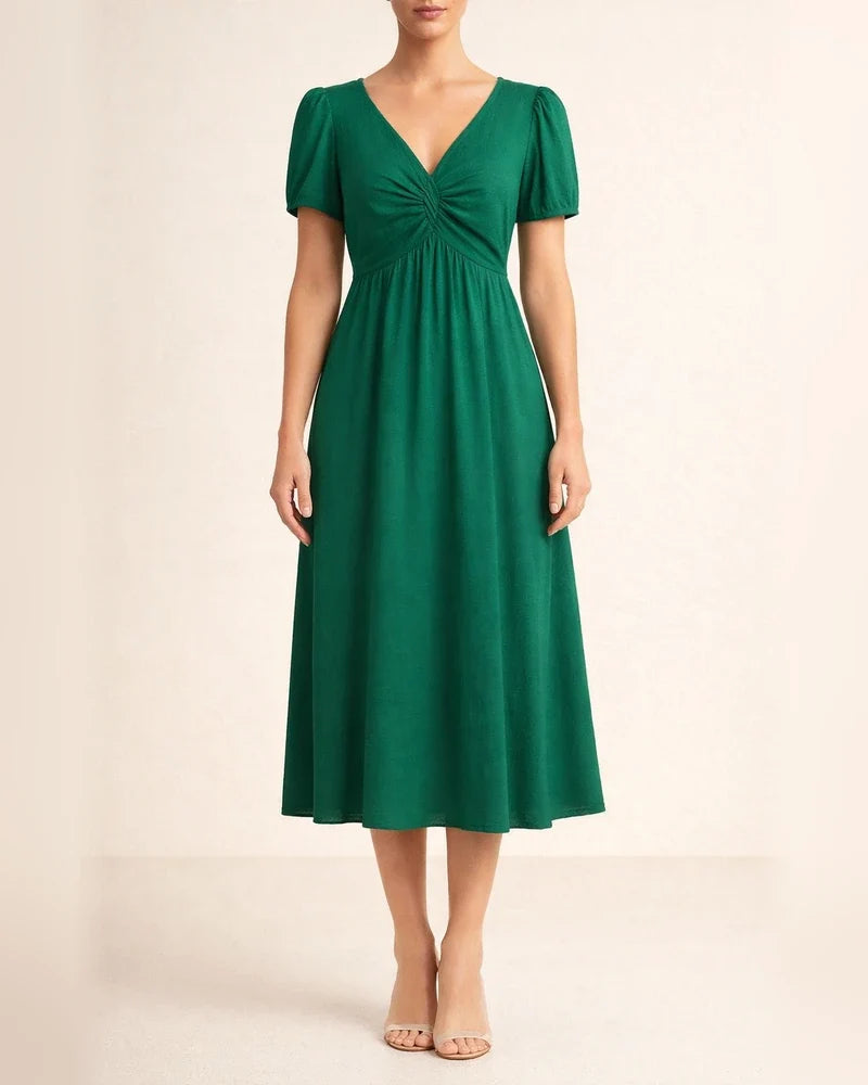 Spring and Summer Women's New Solid Color A-line Dress V-neck Lantern Sleeves Hot Sale Ruffle Short-sleeved Twisted Knot Dress | JRSEE:686524b8-078f-4f82-b2d7-80bdb754b122