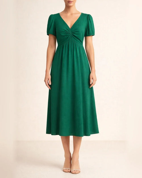 Spring and Summer Women's New Solid Color A-line Dress V-neck Lantern Sleeves Hot Sale Ruffle Short-sleeved Twisted Knot Dress | JRSEE:686524b8-078f-4f82-b2d7-80bdb754b122