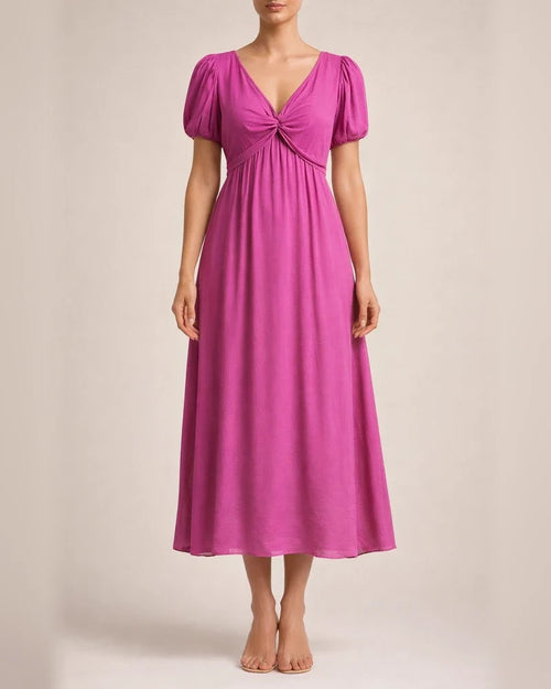 Spring and Summer Women's New Solid Color A-line Dress V-neck Lantern Sleeves Hot Sale Ruffle Short-sleeved Twisted Knot Dress | JRSEE:2b31b9bc-a630-4764-8160-f898c6263b41
