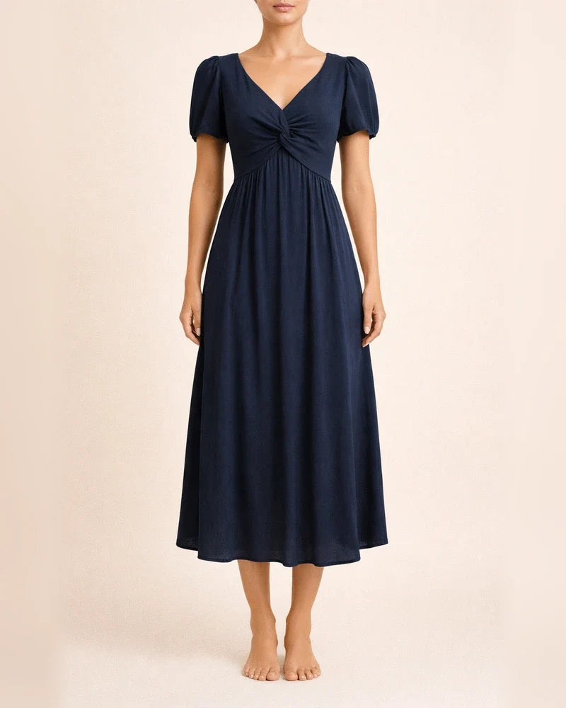 Spring and Summer Women's New Solid Color A-line Dress V-neck Lantern Sleeves Hot Sale Ruffle Short-sleeved Twisted Knot Dress | JRSEE:e0eea111-4701-40e5-a28c-e19a79f527e7