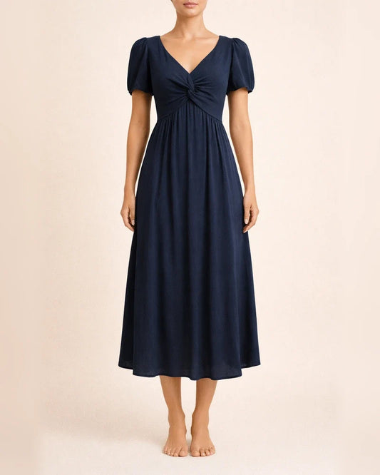 Spring and Summer Women's New Solid Color A-line Dress V-neck Lantern Sleeves Hot Sale Ruffle Short-sleeved Twisted Knot Dress | JRSEE:e0eea111-4701-40e5-a28c-e19a79f527e7