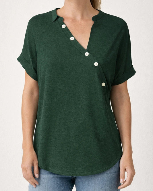 Spring and Summer Women's New V-neck Tops Solid Color Diagonal Twist Button Fashion Loose Type Short-sleeved Women | JRSEE:ffedfb47-e8ef-43e6-bc08-b4c1f11ede62