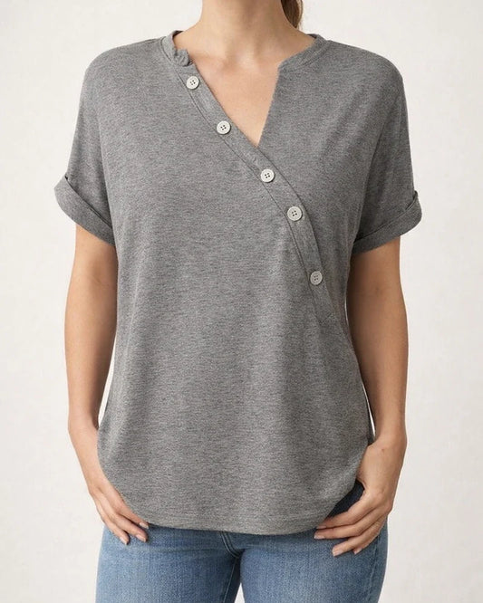 Spring and Summer Women's New V-neck Tops Solid Color Diagonal Twist Button Fashion Loose Type Short-sleeved Women | JRSEE:89fb2a1e-3855-4961-b099-944a9cfccb57