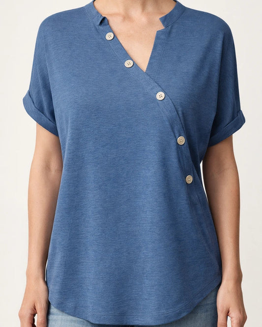 Spring and Summer Women's New V-neck Tops Solid Color Diagonal Twist Button Fashion Loose Type Short-sleeved Women | JRSEE:84348917-cc2a-486c-b03c-538b8d56d6f8
