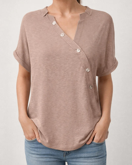 Spring and Summer Women's New V-neck Tops Solid Color Diagonal Twist Button Fashion Loose Type Short-sleeved Women | JRSEE:2bab7d41-4c94-4b6e-a5f5-8bc69e9b9913