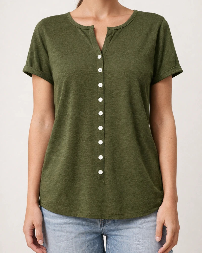Spring and Summer Women's V-neck Button Short-sleeved Tops T-shirt Gray Black Red Purple Blue Green | JRSEE:07b89e78-cf20-4ed1-86e8-8d737082708b