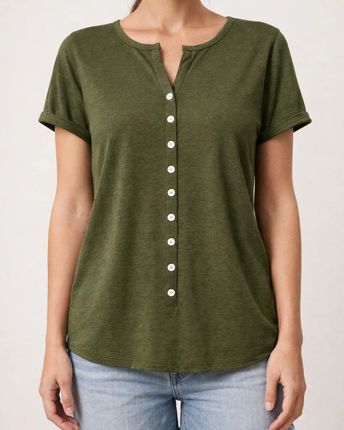 Spring and Summer Women's V-neck Button Short-sleeved Tops T-shirt Gray Black Red Purple Blue Green | JRSEE:07b89e78-cf20-4ed1-86e8-8d737082708b